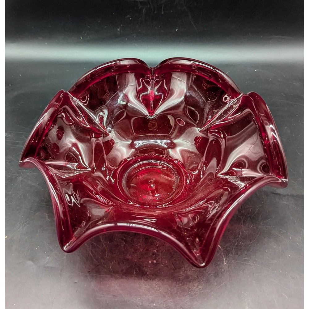 Vintage Ruby Red Art Glass Fruit Console Bowl Hand Blown 10.5" Ruffled